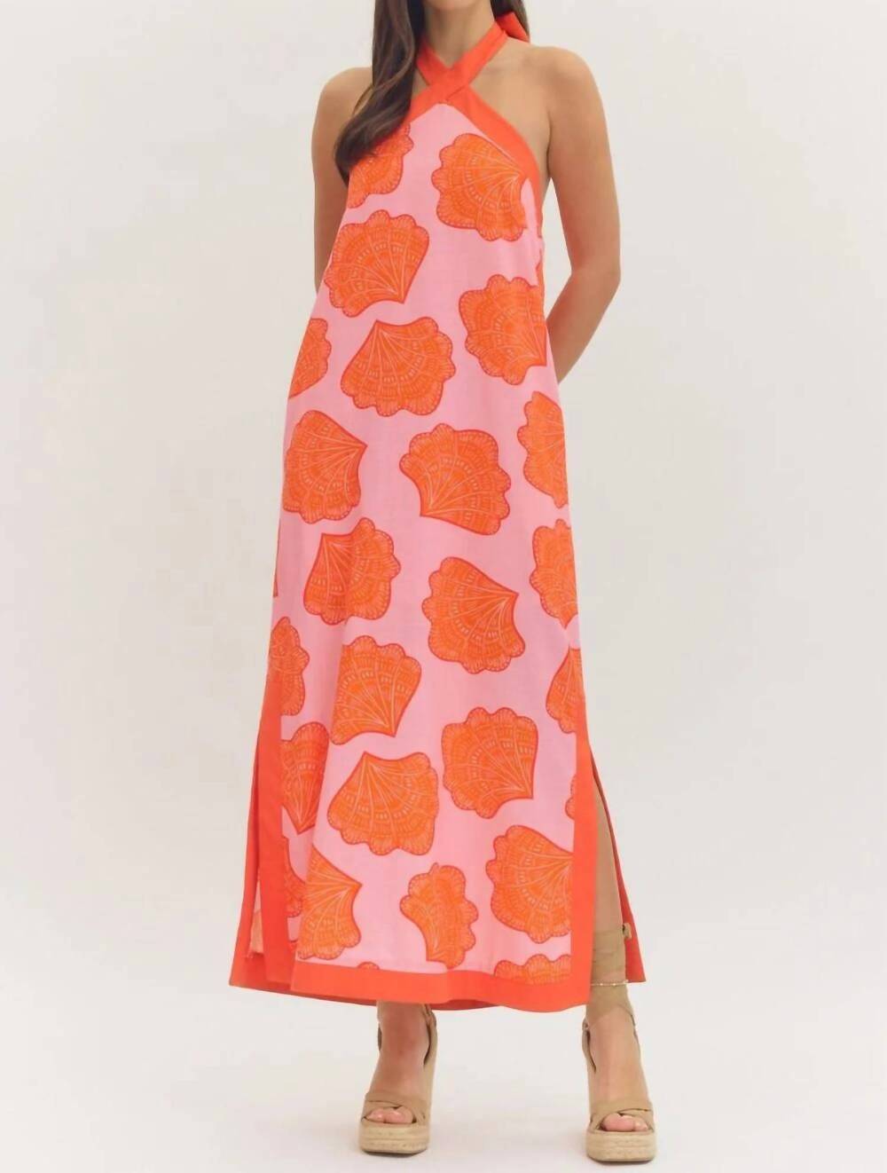 NEW ENTRO shell halter dress in pink/red